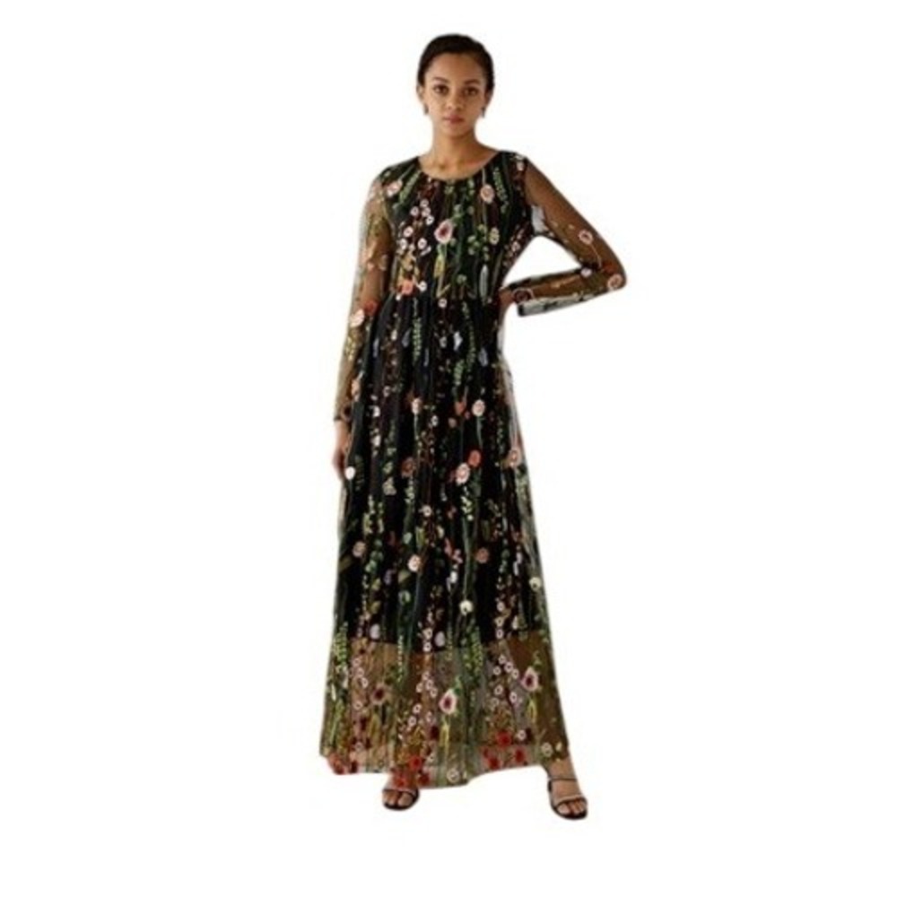 Chicwish Black Lost in Flowering Fields Floral Embroidered Mesh Maxi Dress NEW M